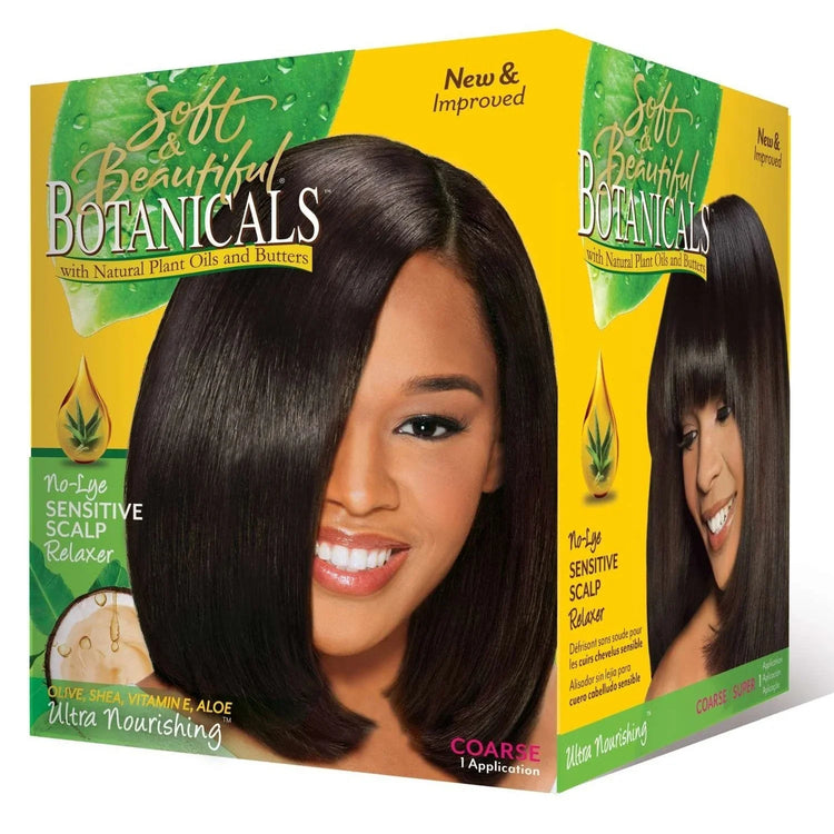 Soft Beautiful Botanicals No Lye Coarse Conditioner for soft and bouncy hair, packaged in a vibrant box with a model.