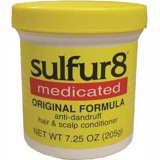 Sulfur-8 Medicated Hair Scalp Conditioner Original, a medicated scalp conditioner for dandruff in a yellow jar.