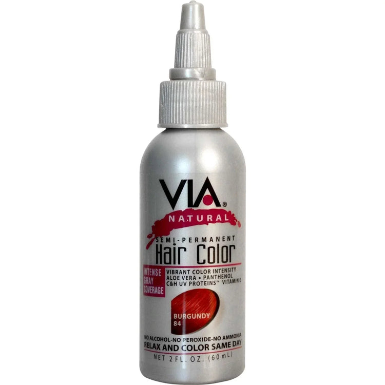 Via Natural semi-permanent burgundy hair color bottle for rich deep color application and grey coverage.