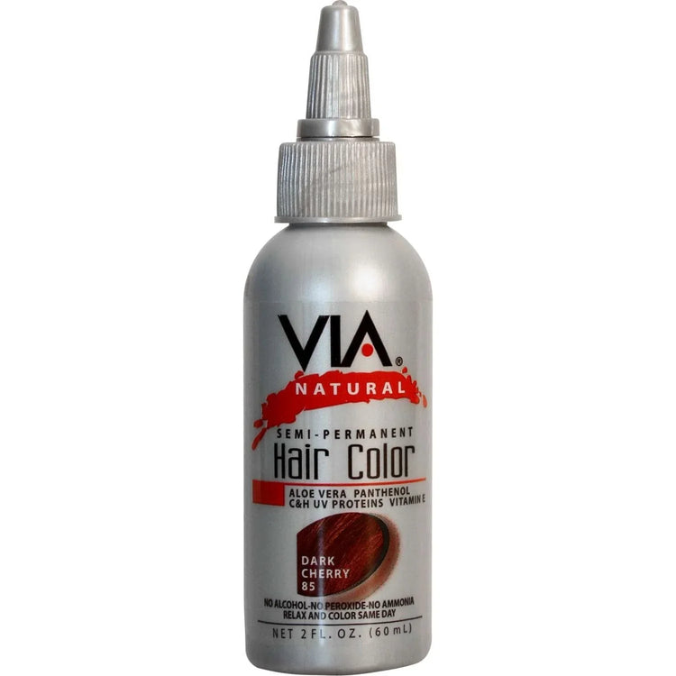 Via Natural Hair Color 085 Dark Cherry semi-permanent hair color in a 2 oz bottle with aloe vera and vitamin E.