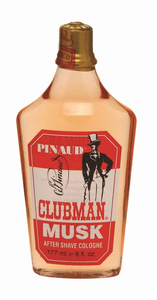 Clubman Pinaud Musk after shave lotion bottle with amber cap and red label
