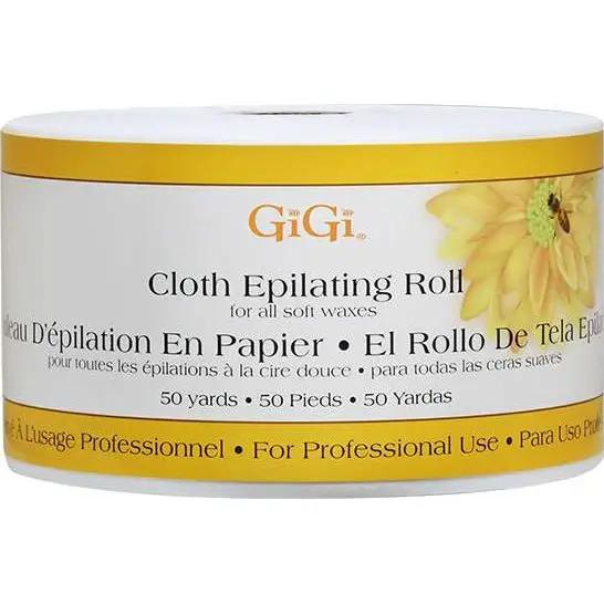 Gigi cloth epilating roll in white canister with gold lid, 50 yards