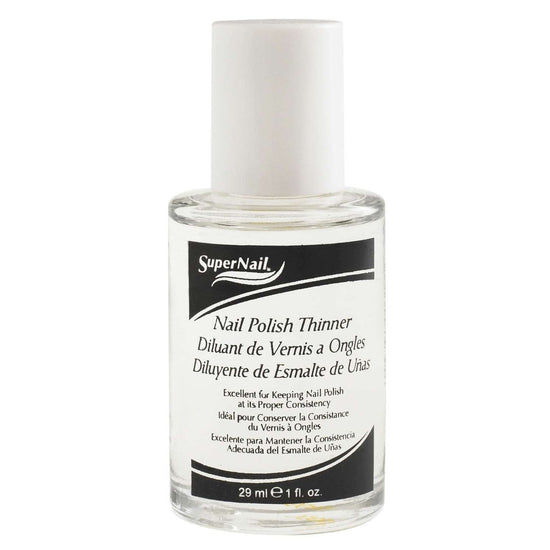 Nail polish thinner bottle with white cap, clear liquid, 1 fl oz (29 ml) label
