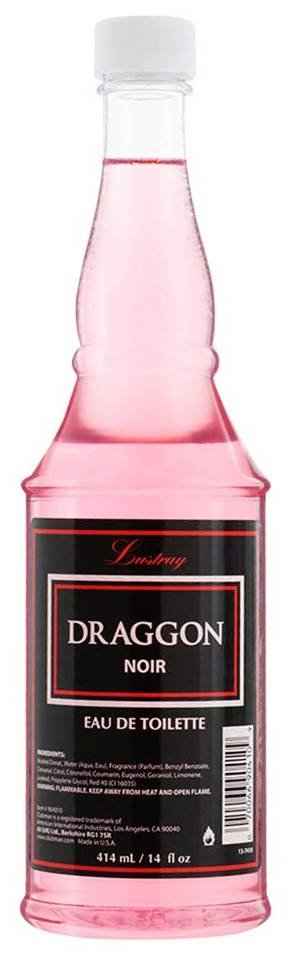 Pink fragrance bottle with black label reading "DRAGGON NOIR"
