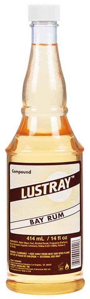 After shave lotion bottle with amber liquid and Lustray Bay Rum label, 414 mL