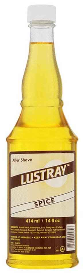 Lustray Spice after shave lotion bottle with yellow liquid, 14 fl oz