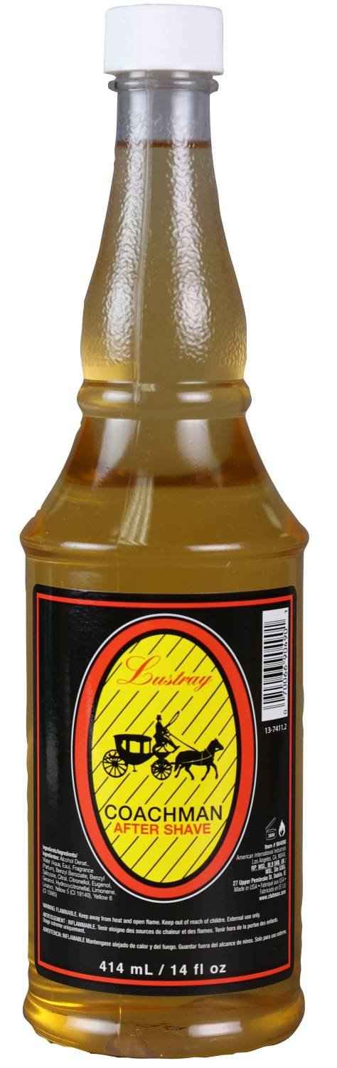 After shave lotion bottle with Coachman label, 414 mL size, amber liquid