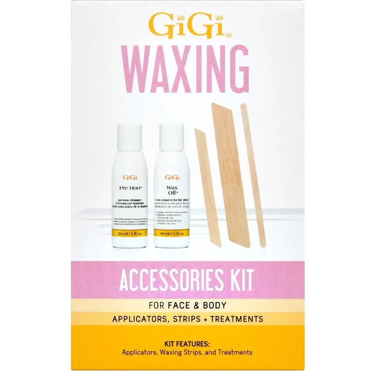 Gigi waxing accessories kit with two bottles and wooden waxing strips