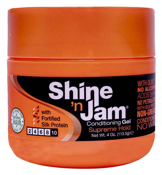 Orange Shine ’n Jam conditioning gel jar, Supreme Hold, with silk protein label