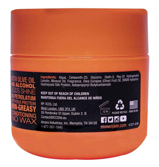 Orange Shine ’n Jam conditioning gel jar back label with ingredient list and recycling icons
