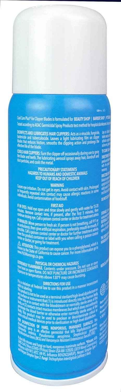 Cool Care Plus clipper blade spray bottle back label with directions