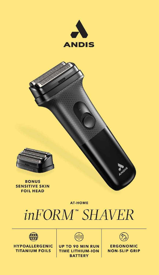 Handheld electric foil shaver with black ergonomic grip and foil head