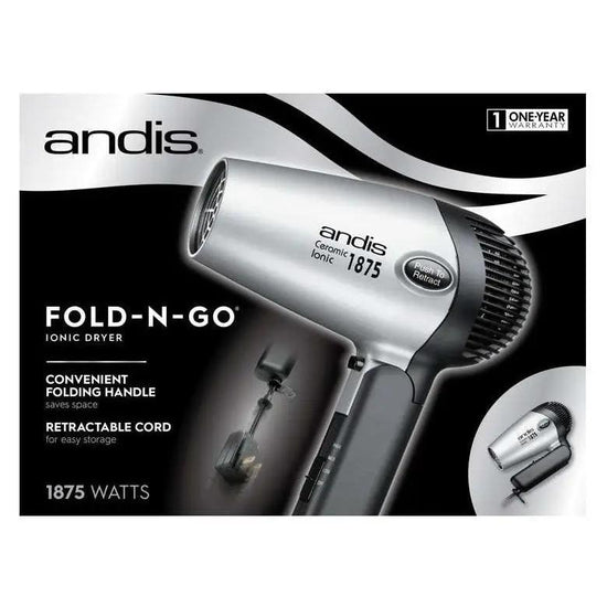 Silver Andis ionicceramic hair dryer with fold-n-go handle and concentrator nozzle