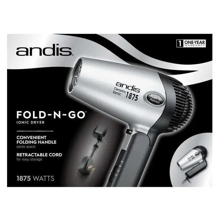 Silver Andis ionicceramic hair dryer with fold-n-go handle and concentrator nozzle