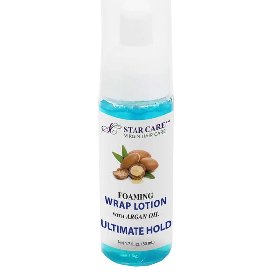 Foaming wrap lotion bottle with blue accents, argan oil, ultimate hold