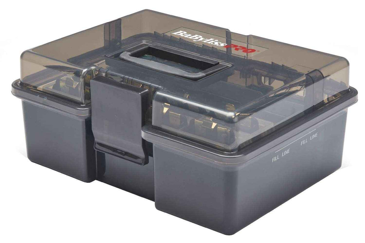 Babylisspro disinfectant solution box with clear lid and divided storage compartments