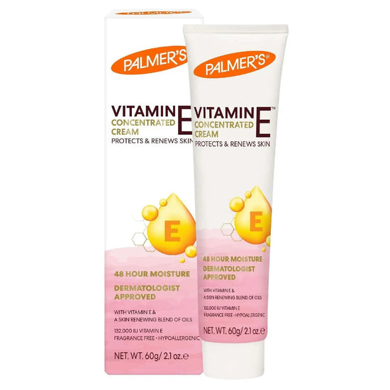 Palmers Vitamin E concentrated cream, 2.1 oz tube and box packaging, moisturizing