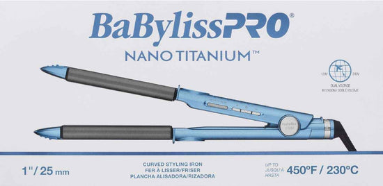 Blue and gray curved styling iron with 1-inch nano titanium plates