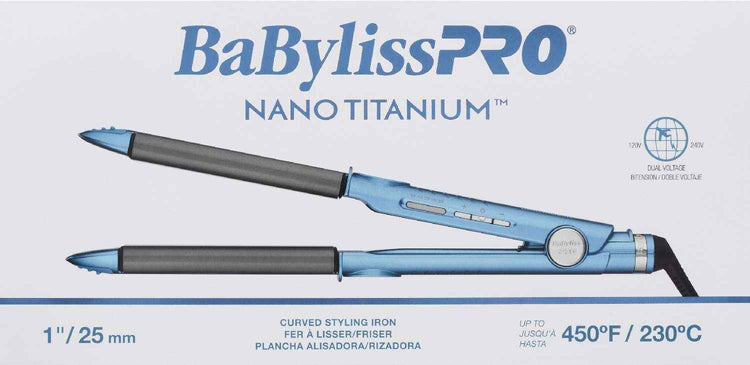 Blue and gray curved styling iron with 1-inch nano titanium plates