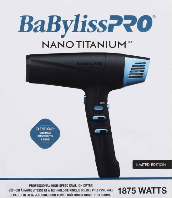 Dual ionic hair dryer in black with blue vent grille and control buttons