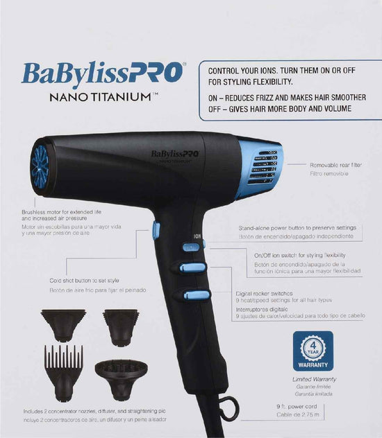 Black and blue dual ionic hair dryer with diffuser and concentrator nozzles
