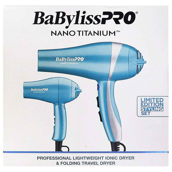 Blue ionic hair dryer and folding travel dryer set, BabylissPRO Nano Titanium.