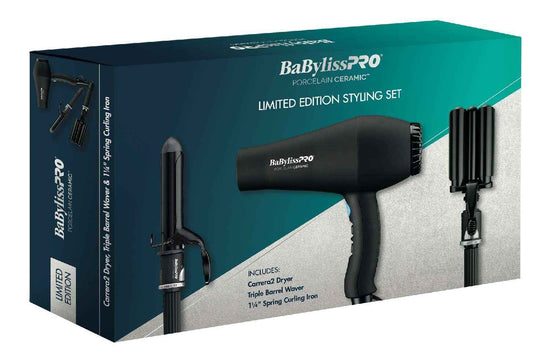 BaBylissPRO limited edition styling set gift box with hair dryer and triple barrel waver