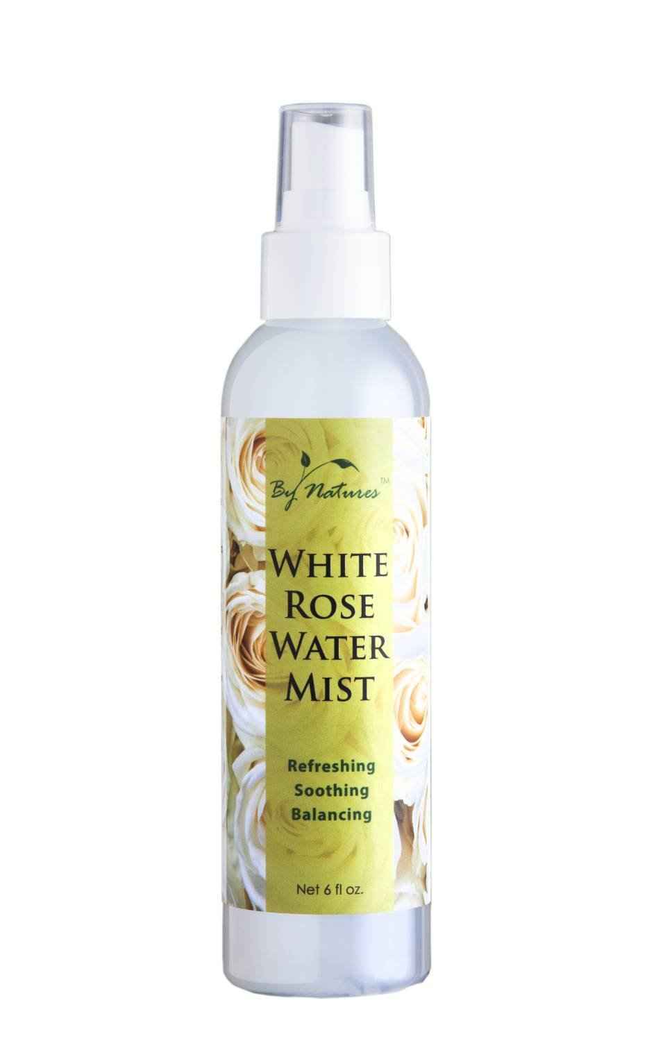 White rose water mist spray bottle with clear pump and label, net wt 6 fl oz