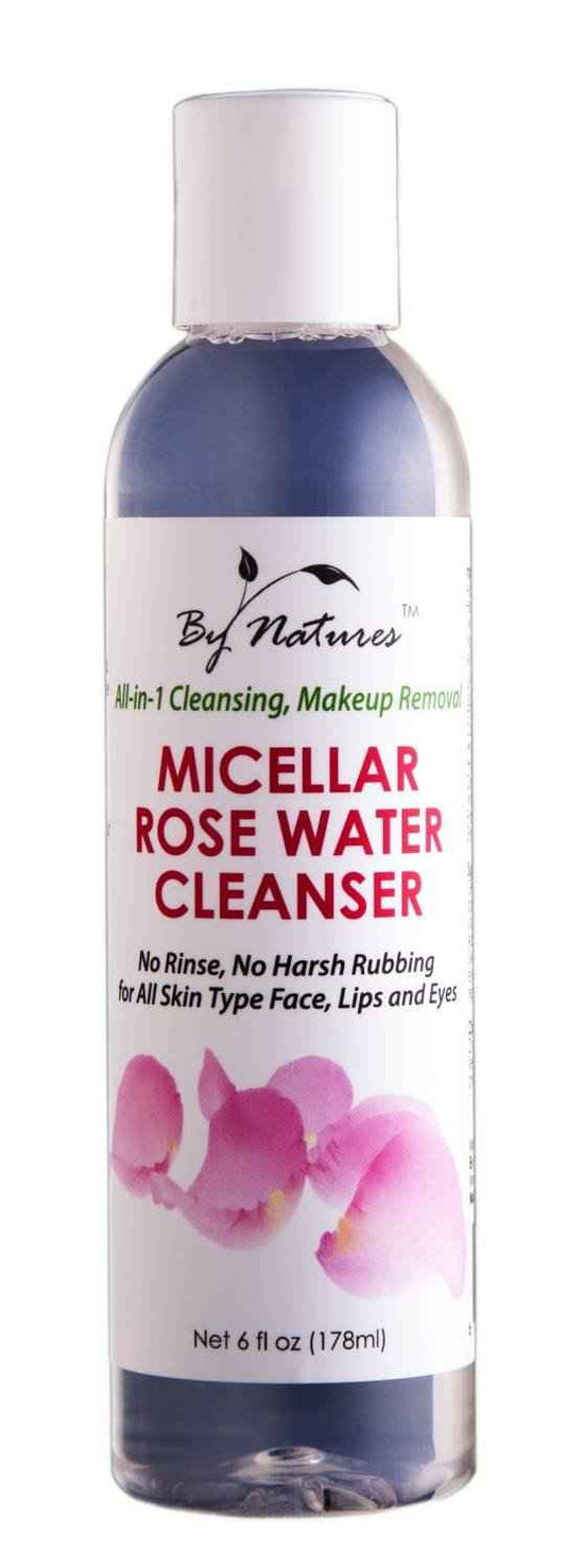 By Natures micellar rose water cleanser bottle with rose flower label and cap