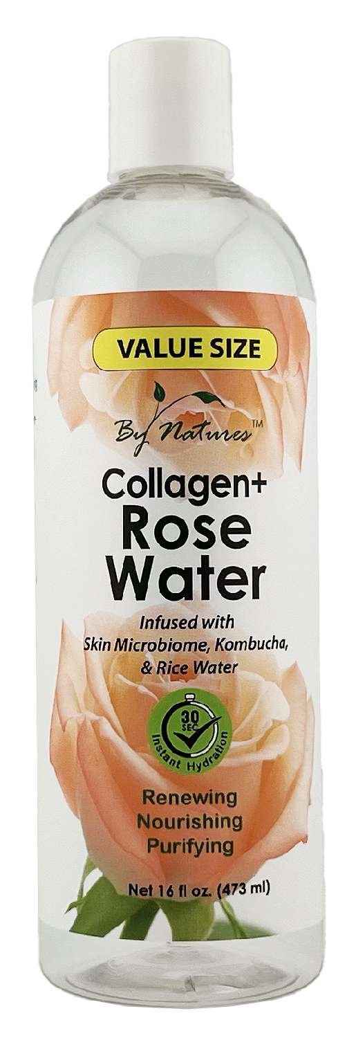 Collagen+ rose water facial mist bottle, clear bottle with white cap and label