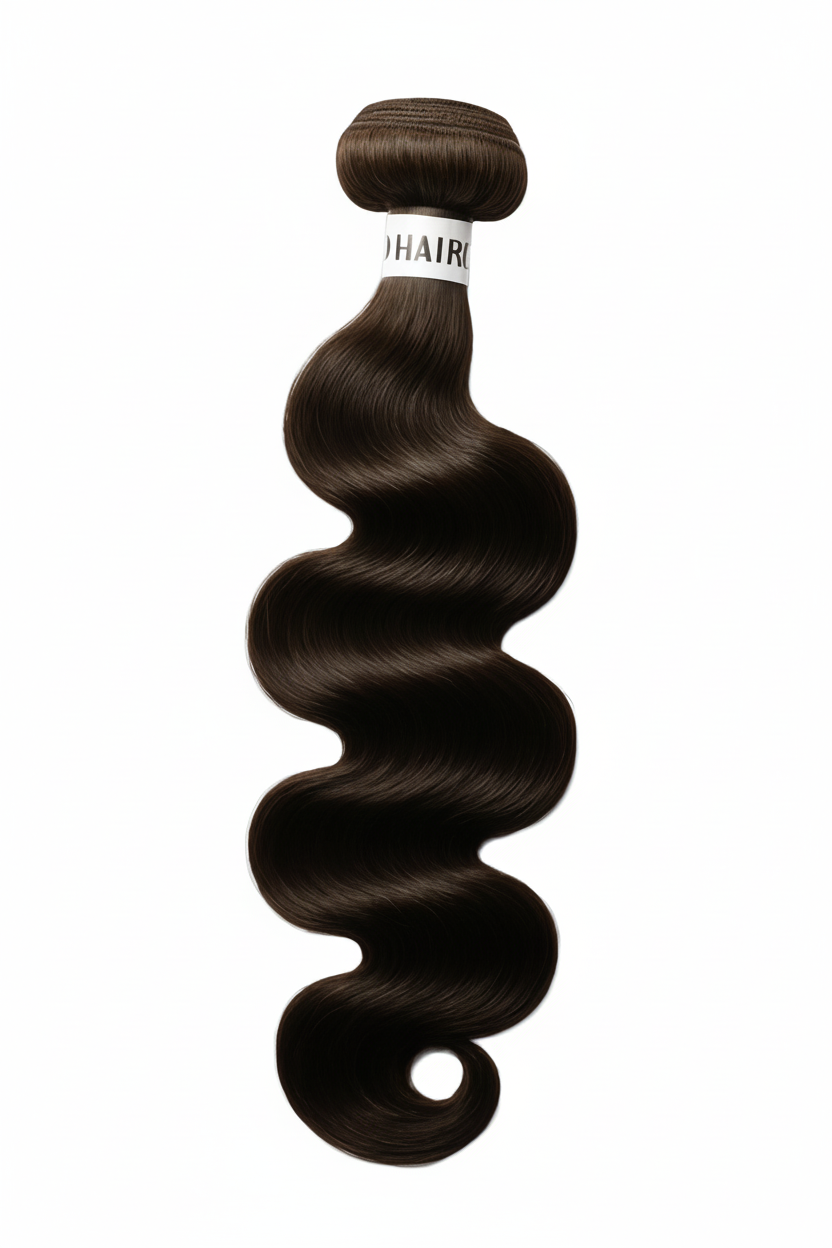 Brown hair extensions with a label on a white background