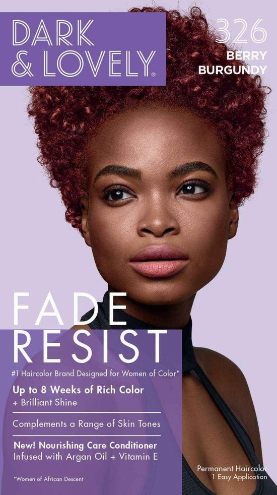 Dark & Lovely Fade Resist hair color kit box with model and berry-burgundy curls