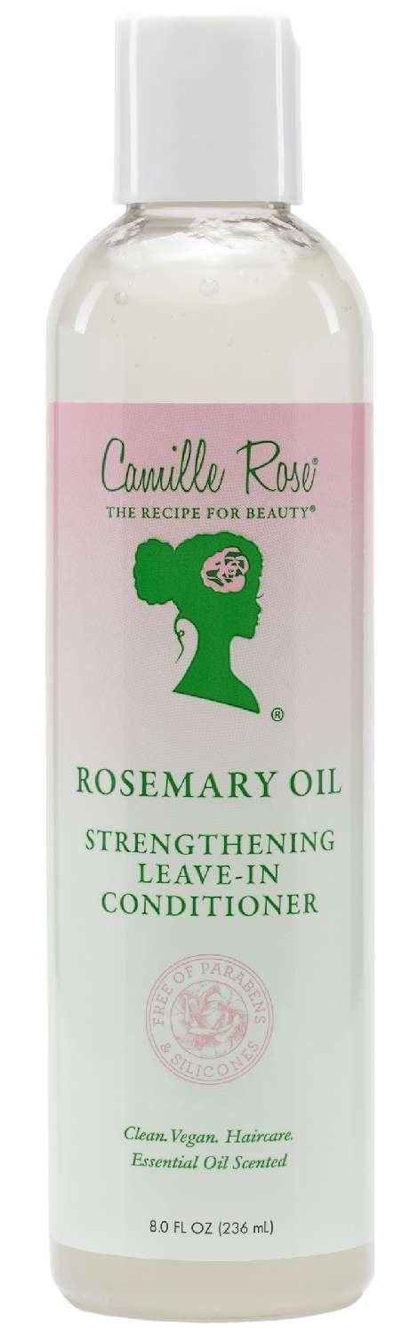 Rosemary Oil leave-in conditioner bottle, clear liquid, white cap, Camille Rose label