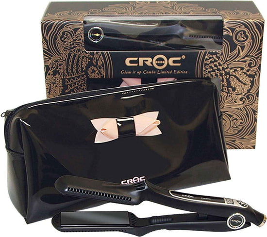 CROC black titanium flat iron set with glossy pouch bag and limited edition box