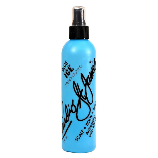 Blue antiseptic scalp spray bottle with black pump cap