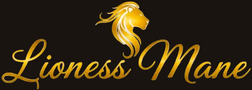 Lioness Mane logo with golden lion head, symbolizing natural hair care and earthy luxury