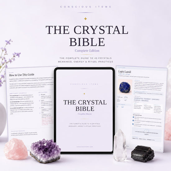 The Crystal Bible on a tablet with crystal stones and amethyst on a light background