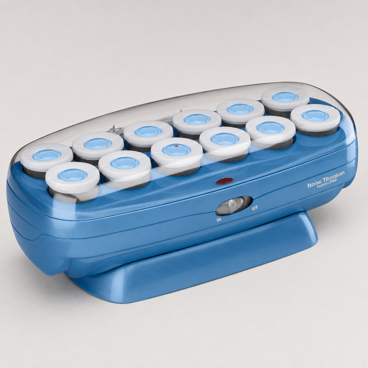 Blue jumbo roller hairsetter with 12 rollers and top control buttons