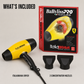 Hair dryer kit with yellow dryer, two concentrator nozzles, and retail box packaging