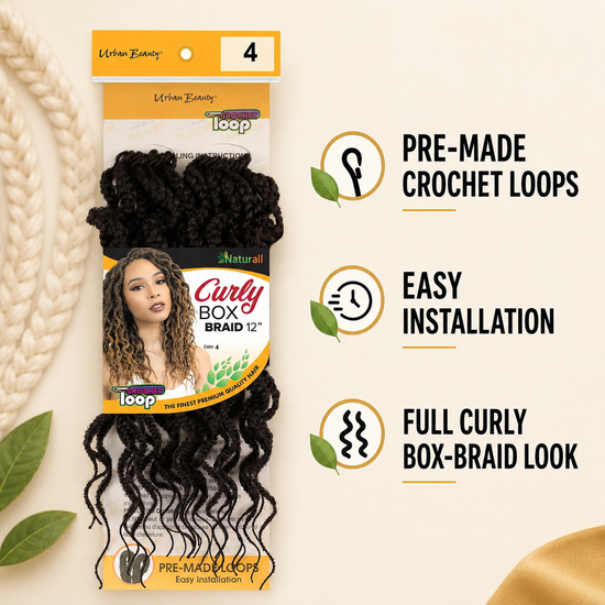 Black curly box braid synthetic hair with pre-made crochet loops, shade 4