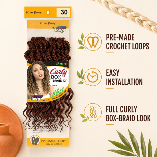 Dark brown curly box braid 12-inch pre-made crochet loop set, package details