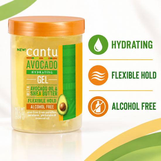 Cantu Avocado Hydrating Gel jar with orange lid, clear yellow gel, flexible hold.