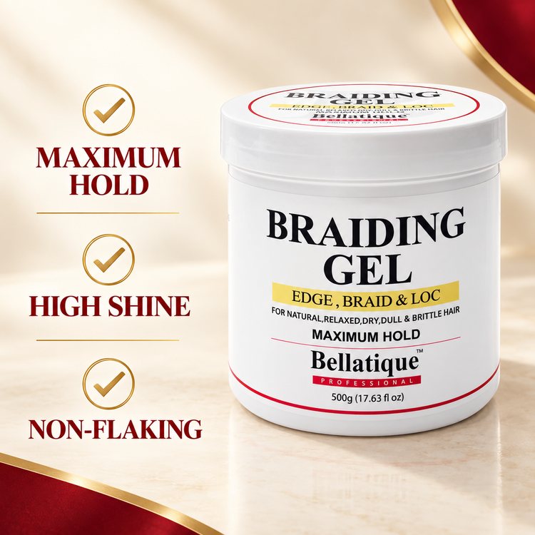 Braid & loc edge gel jar with “Maximum hold” and “High shine, non-flaking” callouts.