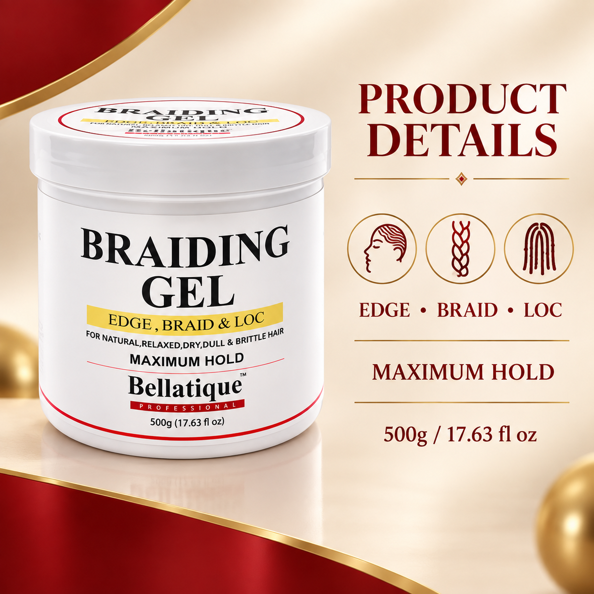 Braid & loc edge gel product details panel with white jar and icons for edge, braid, loc.