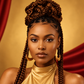 Model with braided hair and glossy hairline styling, showcasing a braid & loc gel finish.