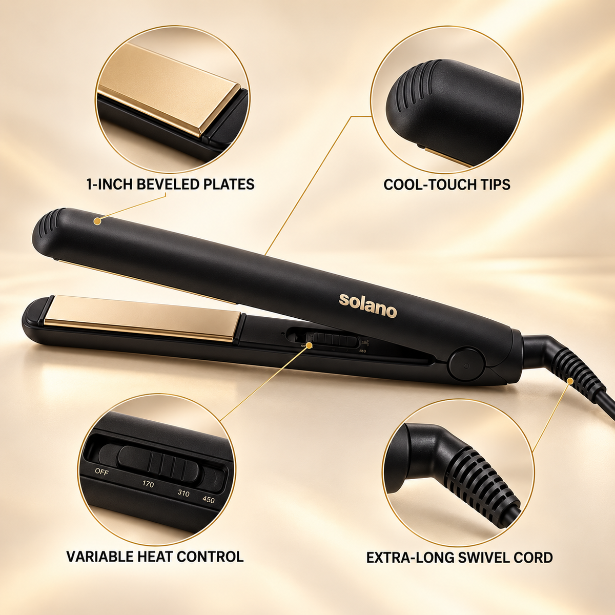 Solano 1-inch flat iron diagram, beveled plates, cool-touch tips, long swivel cord