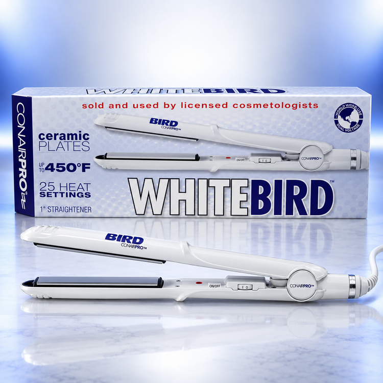 White hair straightener with ceramic plates and attached power cord