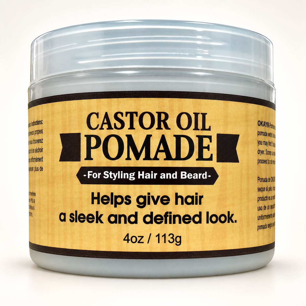 Castor oil pomade jar close-up, clear lid and gold label, 4 oz/113 g