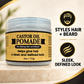 Castor oil pomade jar with clear lid and gold label, styles hair and beard