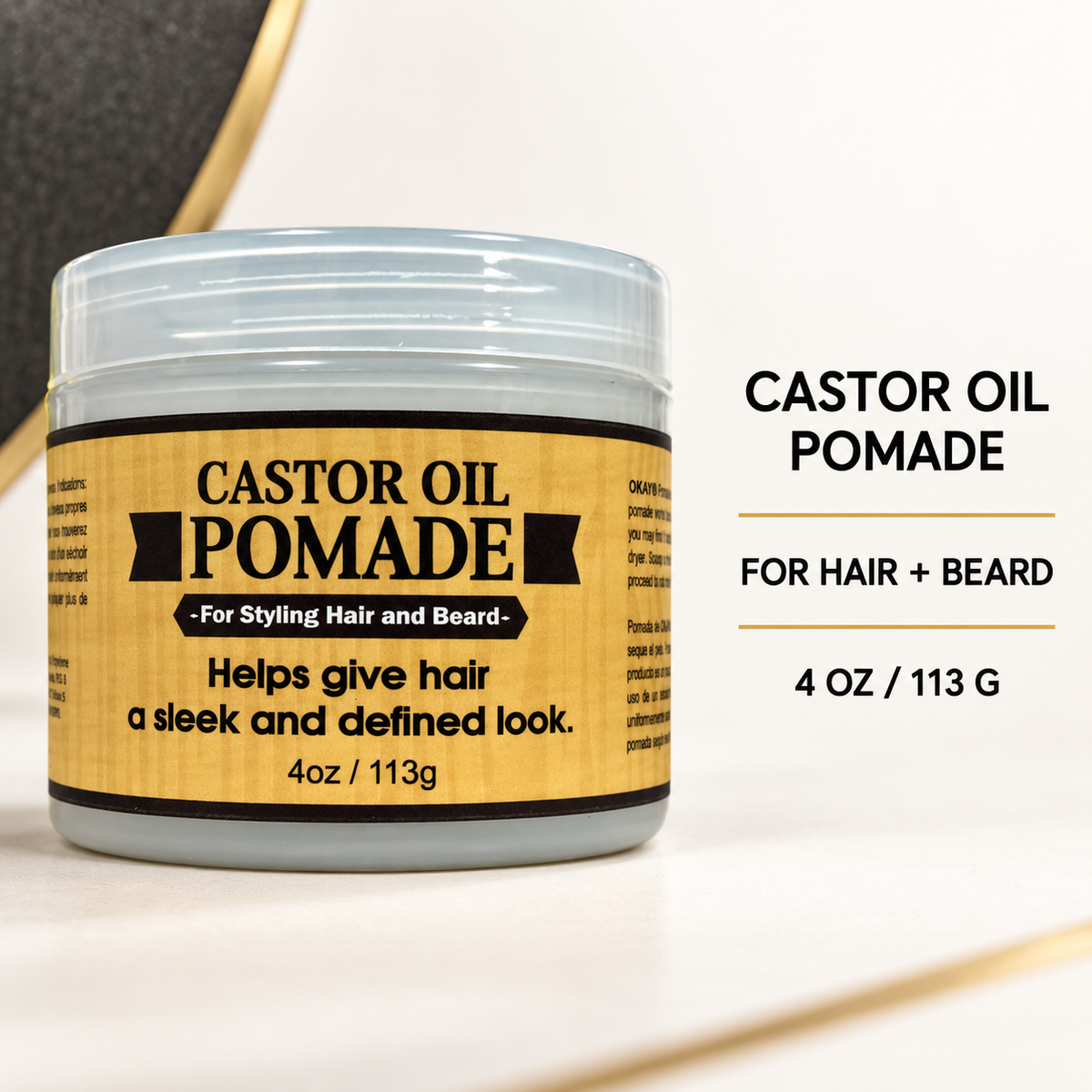 Castor oil pomade jar for hair and beard, clear lid, gold label, 4 oz / 113 g